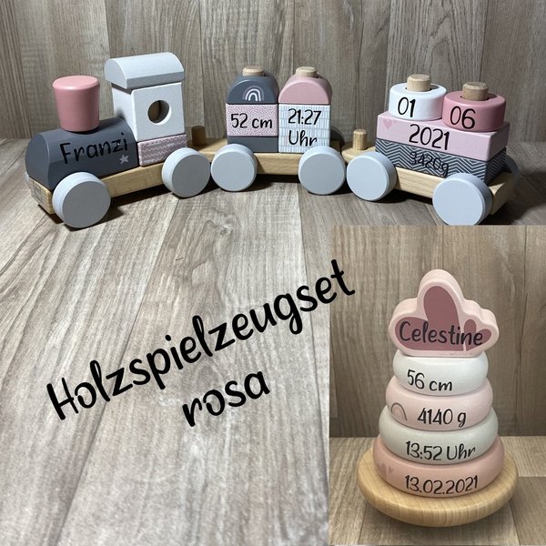 Label Label - Set - Holzeisenbahn + Stapelturm rosa (personalisiert)