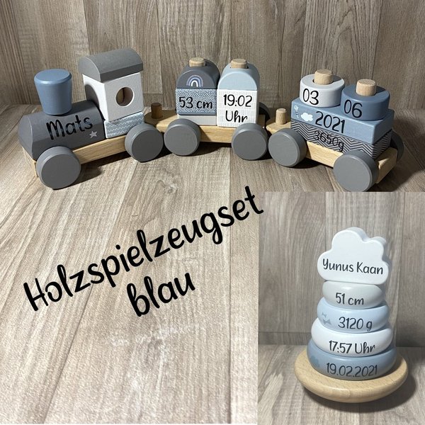 Label Label - Set - Holzeisenbahn + Stapelturm blau (personalisiert)